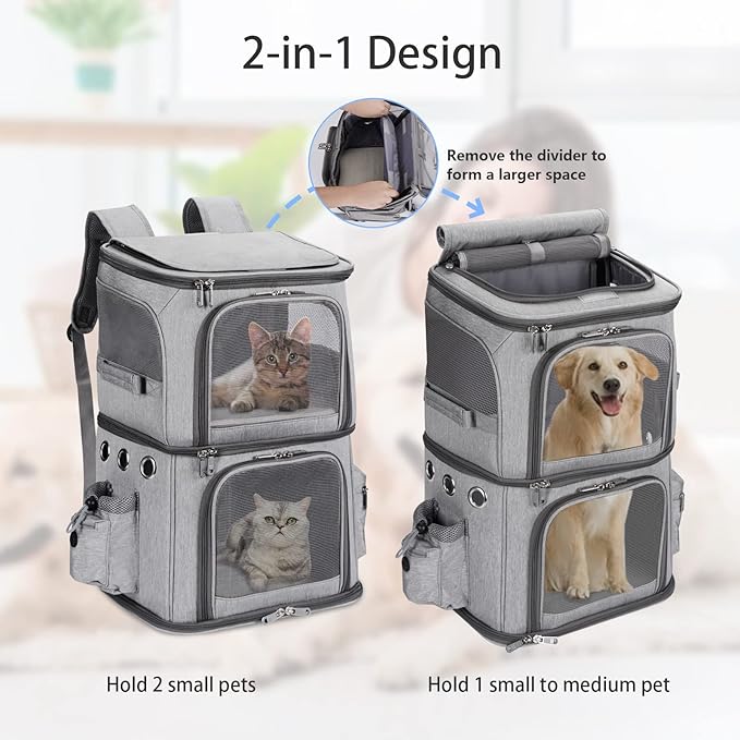 Double-Compartment Pet Carrier Backpack for Small Cats and Dogs, Cat Travel Carrier for 2 Cats, Perfect for Traveling/Hiking/Camping, Grey