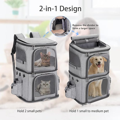 Double-Compartment Pet Carrier Backpack for Small Cats and Dogs, Cat Travel Carrier for 2 Cats, Perfect for Traveling/Hiking/Camping, Grey, XL