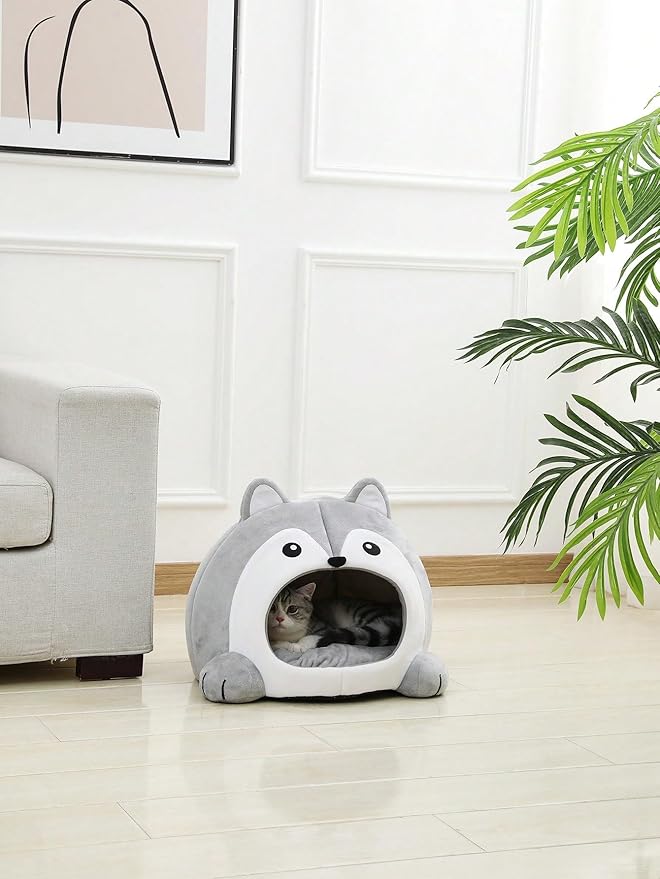 QWINEE Indoor Fox Shape Cat Bed Cave with Removable Cushion
