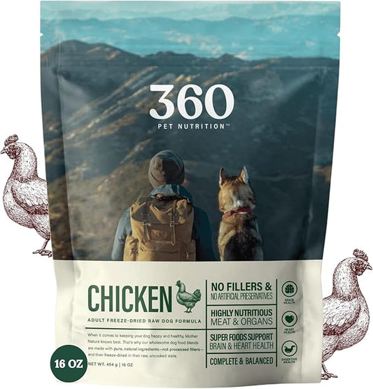 360 Pet Nutrition Raw Freeze-Dried Dog Food, High Protein, Balanced Meal, Chicken, Liver, Heart, Fruit, Veggies, Superfoods, No Fillers, 16 oz Food/Bites/Kibble (Chicken)