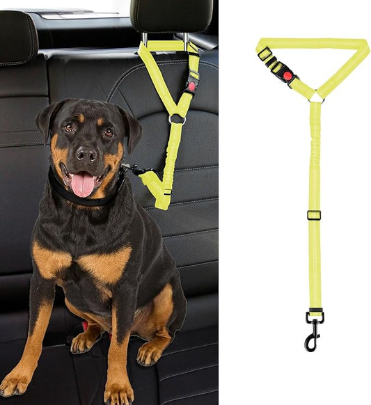 Dog Cat Safety Seat Belt Strap Car Headrest Restraint Adjustable Nylon Fabric Dog Restraints Vehicle Seatbelts Harness (Yellow Elastic Bungee)