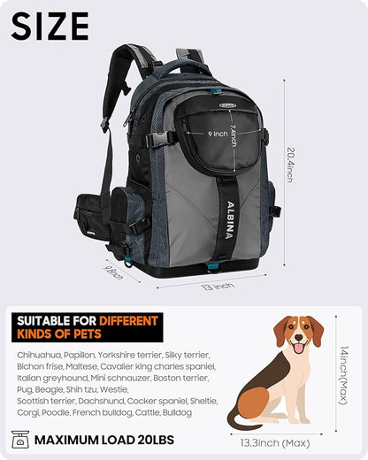 ALBINA Small Dog Carrier Backpack, Waterproof, Ventilated, Snack Pocket, Comfortable Back Panel. Ideal for Small Pet & Cats in Outdoor Activities. Hard EVA Base, Separate Laptop Compartment (Gray)