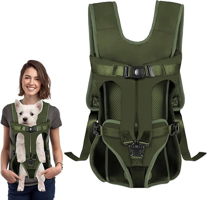 Dog Front Carrier Backpack, Dog Backpack Carrier Soft Pad, Pet Legs Out, Easy-Fit Dog Front Carrier for Small Medium Puppy, Hands Free Dog Carrier Adjustable for Cycling Hiking (Army Green, XL)