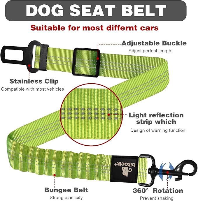 Dog Seat Belt,Retractable Dog Seatbelts Harness for Car,Adjustable Seatbelt Pet Safety Seat Belts with Elastic Bungee Buffer and Restraint Reflective (2 Piece/Green)