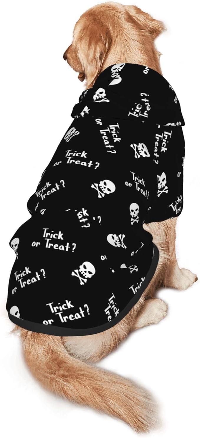 Halloween Dog Costume, Trick or Treat Skull Print Hoodie Winter Halloween Cosplay Clothes Sweaters Outfits Pullover Pets' Sweatshirt Hoodies with Pocket for Medium Large Dogs-S