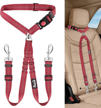 Lukovee Double Dog Seat Belt, New Dual Pet Car Headrest Restraint Safety Seatbelt No Tangle Dog Leash Duty Adjust Elastic Bungee Puppy Lead Splitter Connect Harness in Vehicle Travel for 2 Dogs (Red)