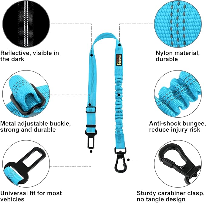 Plutus Pet Dog Seat Belt for Car, Adjustable Dog Car Harness with Carabiner Clip, Reflective Safety Dog Seatbelt Leash with Elastic Bungee, Cyan