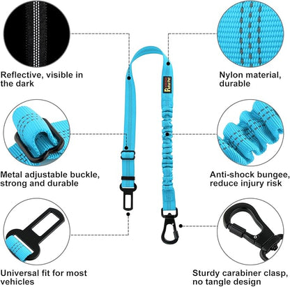 Plutus Pet Dog Seat Belt for Car, Adjustable Dog Car Harness with Carabiner Clip, Reflective Safety Dog Seatbelt Leash with Elastic Bungee, Cyan