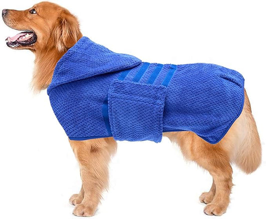 Geyecete Dog Drying Coat with Hood for After Bath Bathrobe Towel Dog Drying Coat for Wet Walking in Rain/Snow-Dry Fast Dog Bag-Pineapple Grid Fast Drying-Blue-S