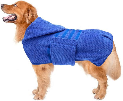 Geyecete Dog Drying Coat with Hood for After Bath Bathrobe Towel Dog Drying Coat for Wet Walking in Rain/Snow-Dry Fast Dog Bag-Pineapple Grid Fast Drying-Blue-3XL