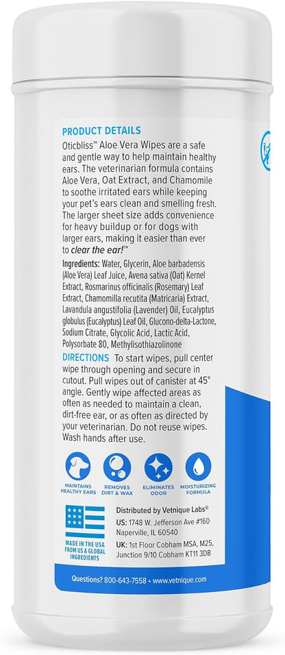 Vetnique Labs Oticbliss Ear Cleaner Wipes/Flushes for Dogs & Cats with Odor Control and Itch Relief Reduces Head Shaking