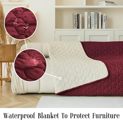 Waterproof Pet Blankets Dog Bed Cover for Pets Reusable Furniture Protector (Burgundy+Ivory, 52"x82")