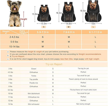 WOYYHO Pet Dog Carrier Backpack Small Dog Front Backpack Ventilated Mesh Dog Travel Back Pack with Safety Belt for Travel Hiking Cycling Outdoor Use (L (10-14 lbs), Black)