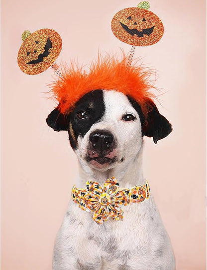 Lionheart glory Premium Halloween Dog Collars Flower Dog Collar Heavy Cotton Adjustable Fall Dog Collar for Small Dogs Pumpkin Dog Collar Flower Dog Collar with Bow Tie