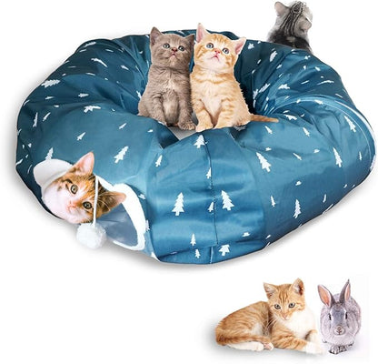 AUOON Cat Tunnel Bed with Central Mat,Big Tube Playground Toys,Oxford Cloth 410D Cloth Materia,Full Moon Shape for Kitten,Cat,Puppy,Dog,Rabbit,Ferret,Blue