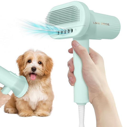 Low Noise Pet Blow Dryer with Slicker Brush - Adjustable Temperature, Overheating Protection for Grooming (Light Blue)