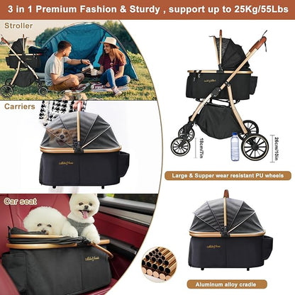 MILA&LOUIS 3 in 1 Folding Dog Stroller 4 Wheels 30lbs, Dog