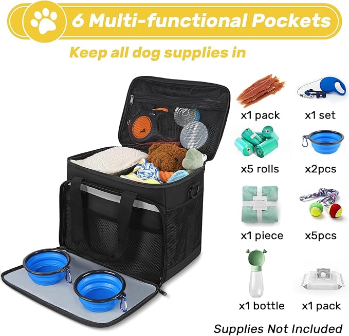 Pet Travel Bag, Weekend Away Dog Travel Set for Dogs, Cats, Dog Travel Bag with Multi-Function Pockets, Pet Supplies for Dogs with Dog Treat Pouch, Black Dog Bags for Traveling