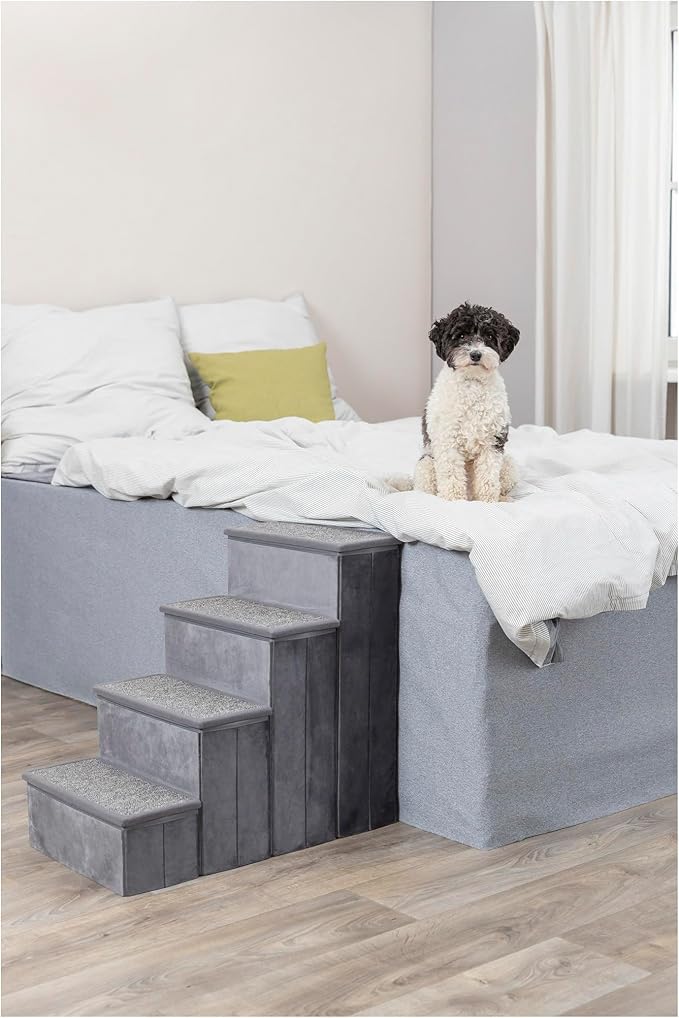 TRIXIE Velour 4-Step Pet Stairs with Storage, Collapsible, Storage Compartments for Pet Toys