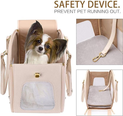 PetsHome Dog Carrier Purse, Pet Carrier, Cat Carrier, Waterproof Premium Leather Pet Travel Portable Bag Carrier for Cat and Small Dog Home & Outdoor Medium Beige