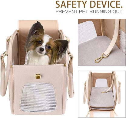 PetsHome Dog Carrier Purse, Pet Carrier, Cat Carrier, Foldable Waterproof Premium Leather Pet Travel Portable Bag Carrier for Cat and Small Dog Home & Outdoor Beige