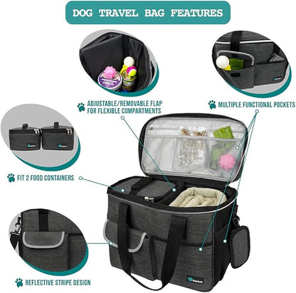 PetAmi Dog Travel Bag, Travel Pet Bag Organizer, Dog Food Travel Bag with Food Container and Bowls, Dog Travel Supplies Gift Accessories for Weekend Camping, Dog Cat Diaper Bag (Charcoal, Medium)