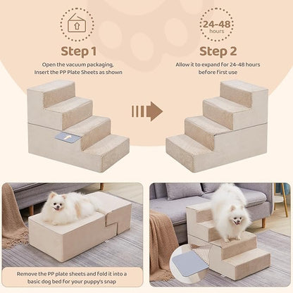 4-Step Dog Stairs, 18'' H Dog Stairs for High Beds, Non-Slip Bottom Pet Stairs for Small Dogs and Cats, Indoor Pet Steps Dog Ramp for Bed, Beige