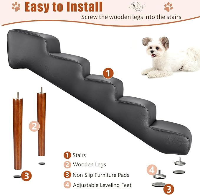 Senneny Black Faux Leather Dog Stairs 150 lbs, 5 Step