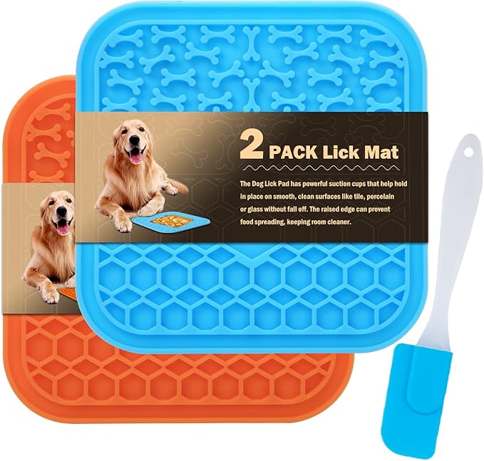 Lick Mat for Dogs Slow Feeder Licking Mat Anxiety Relief Lick Pad with Suction Cups for Peanut Butter Food Treats Yogurt, Pets Bathing Grooming Training Calming Mat - 2 Pack