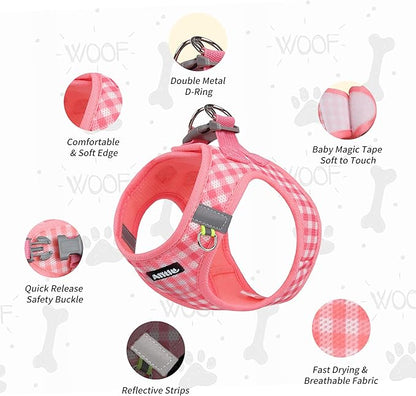 AIITLE No Pull Dog Harness and Leash Set, Step in No Chock Soft Mesh Dog Harnesses Reflective for Extra-Small Puppy Dogs and Cats, Plaid Dog Vest Harness for Pets Watermelon XXS