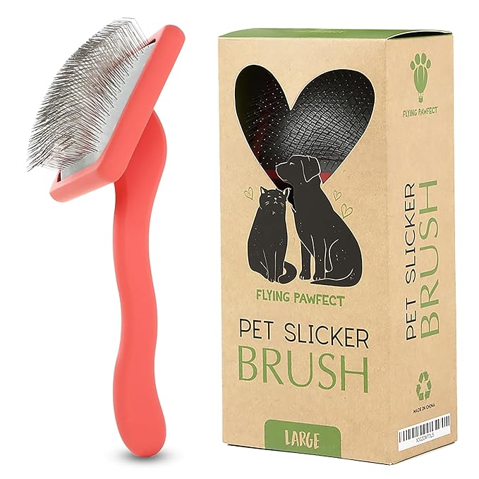 Pet Slicker Brush With Soft Massage Grooming Stainless Steel Pins - For Dematting, Shedding Fur, and Undercoat - Ideal Gift for Professional Pet Groomers - Long Slicker Brush - Flying Pawfect