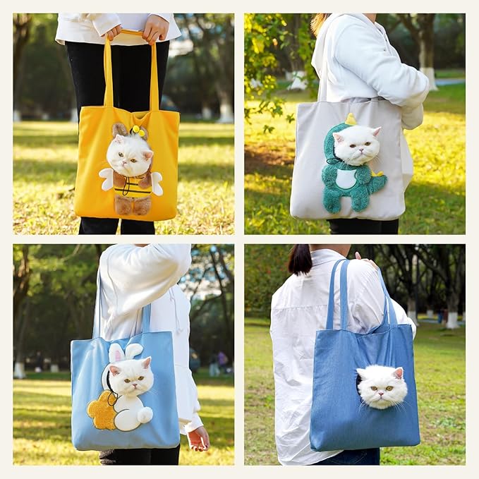 Cat Out Bag, Cute Cozy Cartoon Hands Free Show Head Cat Sling Carrier, Cat Restrainer Shoulder Bag for Outdoor Travel (Denim, Medium)