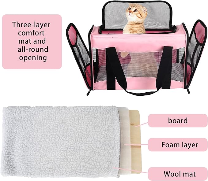 Cat Carrying Case - Pet Carrier Airline Approved, Protable and Breathable Pet Travel Carrier Removable Fleece Pad, Collapsible Cat Carrier Dog Carrier for Medium Cats Small Cats Dogs (Medium, Pink)