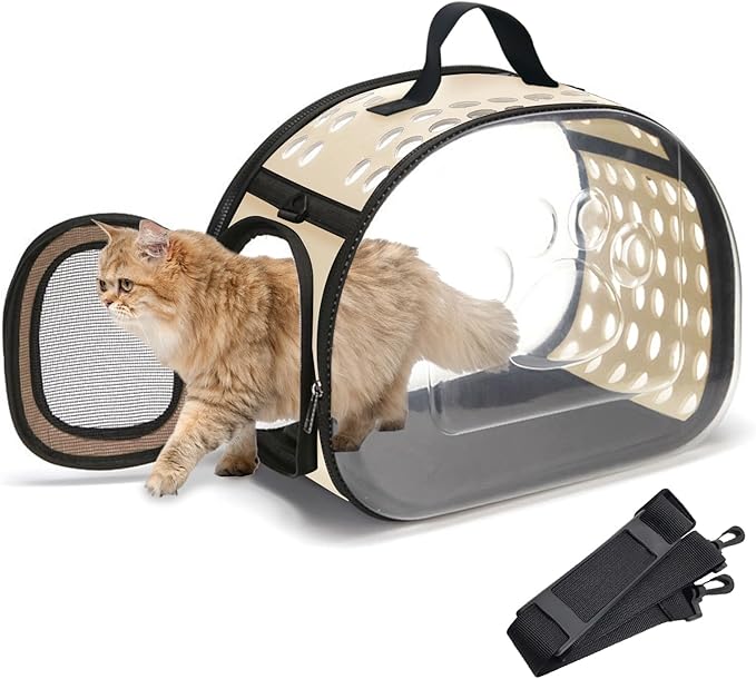 BNOSDM Transparent Cat Carrier Portable Small Cat Carried Bag Foldable Soft-Sided Pet Carriers for Kitten Small Dog Travel Hiking Walking & Outdoor Use(Apricot)