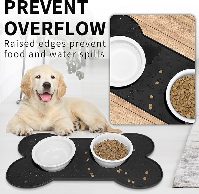 Dog Food Mat Anti-Slip Silicone Dog Bowl Mat Thicker Pet Placemat Waterproof Cat Feeder Pad with Raised Edge Puppy Kitten Feeding Mats Suitable Small Medium-Sized Dogs Cats Eating Tray