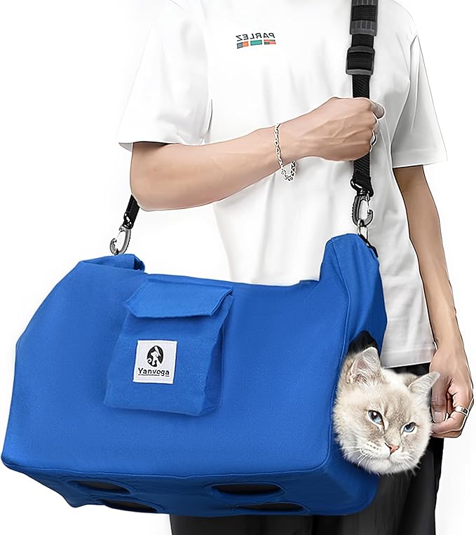 Yanvega Cat Soft Travel Carrier Pet Supplies, Cat Bag Carrier Adjustable Crossbody Strap Side Storage Pocket, Color Blue Size M Cat Sling Holder for Nail Trimming Support Cats and Dogs Up to 11 lbs