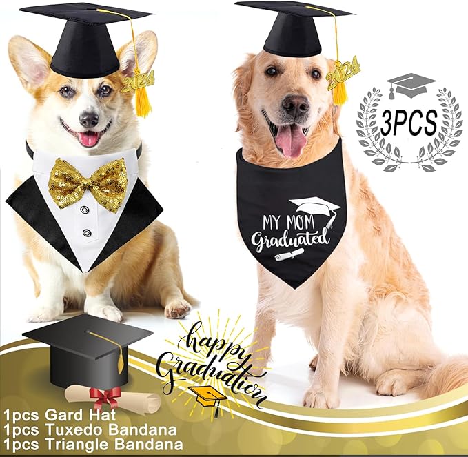 Pet Graduation Cap Dog Bandanas Collar Costume 3Pack Graduation Hat Triangle Scarf Grad Outfit Accessory for Dogs Cat Formal Tux Clothes with Bowtie Holiday Party Apparel (3PCS Gard Tux Set