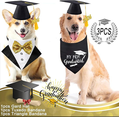 Pet Graduation Cap Dog Bandanas Collar Costume 3Pack Graduation Hat Triangle Scarf Grad Outfit Accessory for Dogs Cat Formal Tux Clothes with Bowtie Holiday Party Apparel (3PCS Gard Tux Set