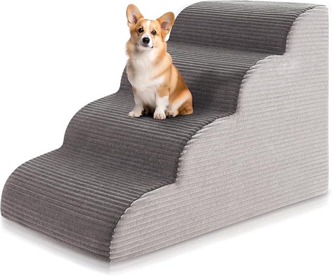 19.7”H Curved Dog Stairs for High Beds, Pet Steps with Durable Non-Slip Washble Fabric Cover, Pet Stairs for High Bed Climbing, Dog Steps for Small Dogs and Cats, 4-Tiers（28.3" D x 15.7" W）