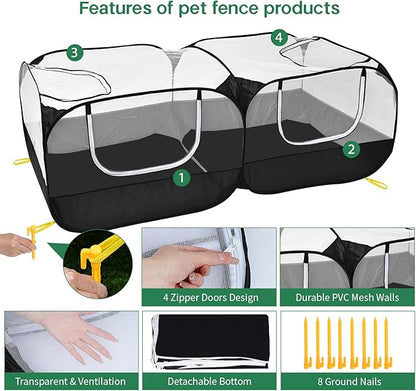 Jhua Pet Playpen for Small Animals, Portable Chicken Run with Detachable Bottom and Cover, Foldable Chicken Coop Indoor Outdoor Pet Pen with Transparent Mesh Walls for Chicken Duck Puppy Cat Rabbit