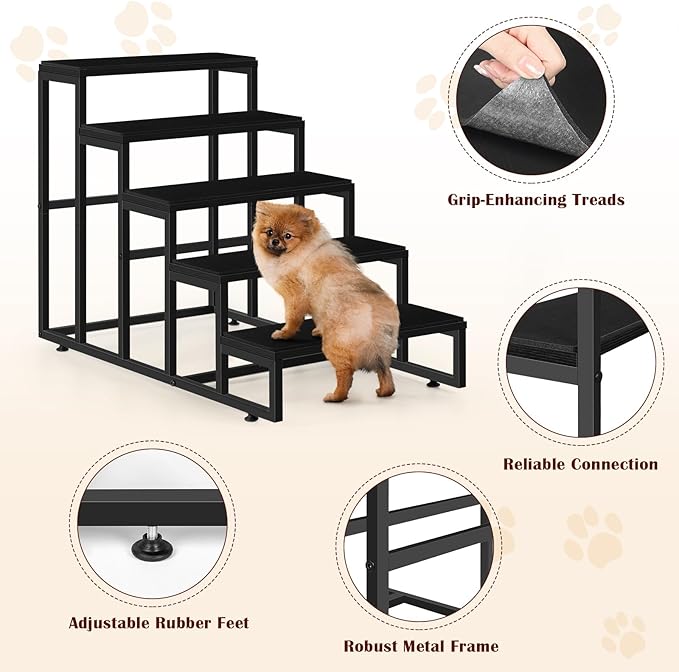 Dog Stairs for High Beds 5 Tier Dog Steps Black Pet Steps Stairs Ramps with Non-Slip Stair Tread for Puppy