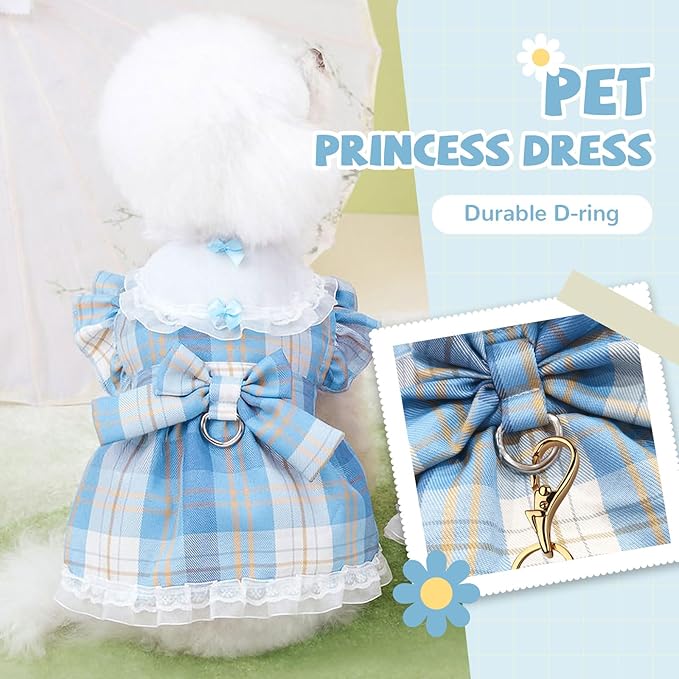 Plaid Dog Dress for Small Dogs Cats Bowknot Girl Dog Clothes with D-Ring Cute Princess Pet Puppy Dresses Spring Summer Pet Outfits for Chihuahua Yorkies Shih Tzu（Blue