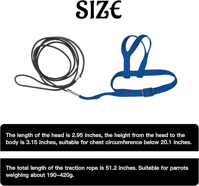 2 pcs Pet Parrot Bird Harness and Leash, Adjustable Training Design Anti-Bite, Outdoor Flying Training Rope Kit for Bird Parrots Fits Birds Chest Between24-51cm /9.45-20inch - M (Blue)