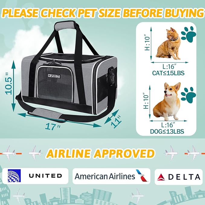 Petskd Pet Carrier 17x11x10.5 Delta American United Airline Approved, Pet Travel Carrier Bag for Small Cats and Dogs, Cat Soft Sided Carrier with Safety Lock Zippers, 5-Sided Breathable Mesh(Grey)