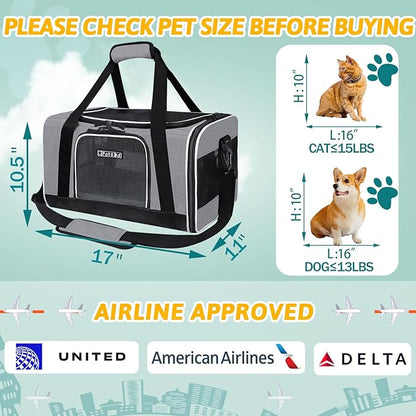 Petskd Pet Carrier 17x11x10.5 Delta American United Airline Approved, Pet Travel Carrier Bag for Small Cats and Dogs, Cat Soft Sided Carrier with Safety Lock Zippers, 5-Sided Breathable Mesh(Grey)