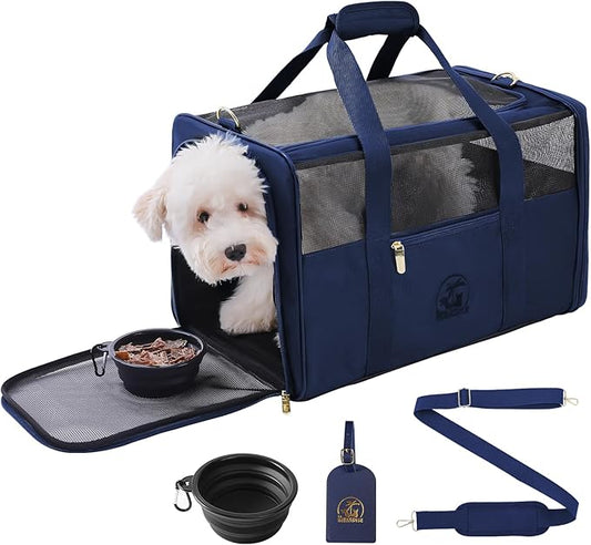 Luxury Pet Carrier for Dogs, Cats, Puppies - Airline TSA Approved, Durable Anti-Scratch Fabric, Soft-Sided, Consistent Airflow, Foldable Design, Cushion Pad, Travel (Navy Blue, Large)