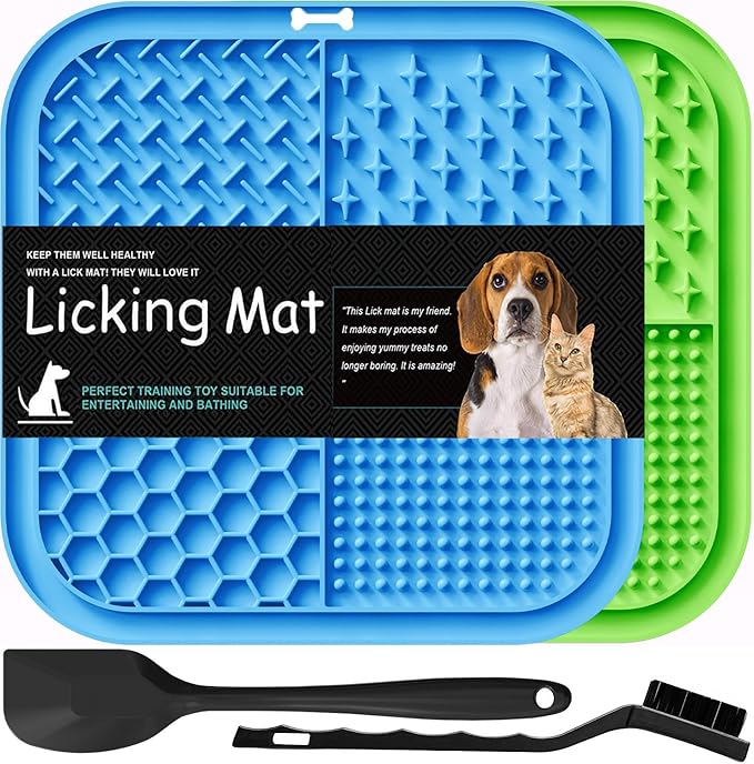 Lesipee Licking Mat for Dogs & Cats 2 Pack, Slow Feeder Lick Pat, Anxiety Relief Dog Toys Feeding Mat for Butter Yogurt Peanut, Pets Supplies Bathing Grooming Training Calming Mat (Blue&Green)