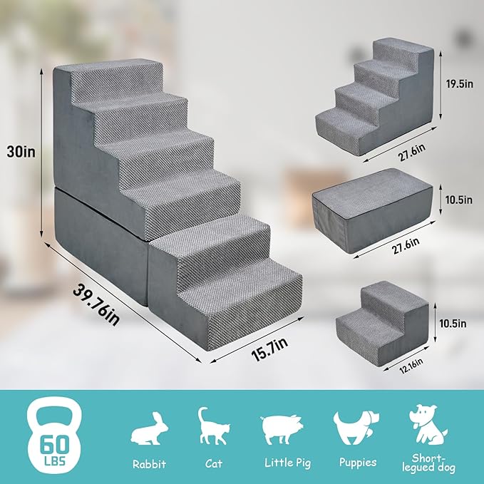 6 Steps Dog Stairs, 30 inches Dog Steps for High Bed 30-36 Inches, LitaiL Pet Stairs for Small Dogs, Older Injured Pets with Joint Pain, Non-Slip Pet Foam Ramps No Assembly