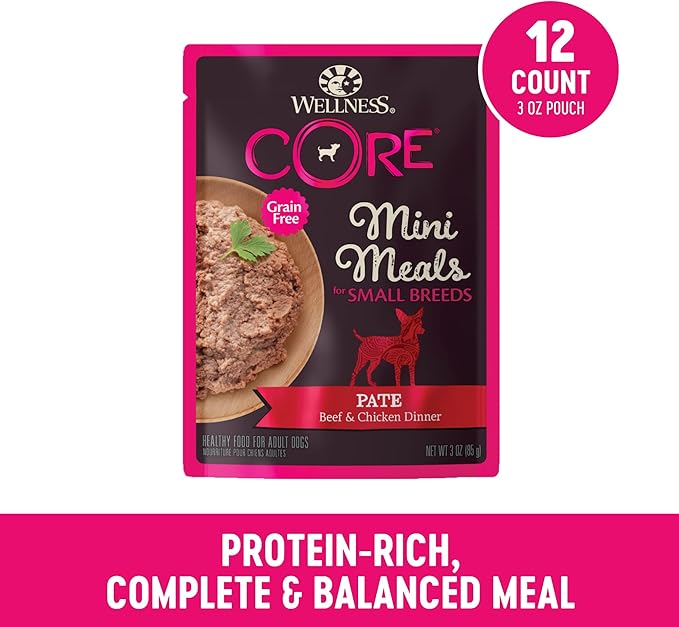 Wellness CORE Natural Grain Free Small Breed Mini Meals Wet Dog Food, Pate Beef & Chicken Dinner, 3-Ounce Pouch (Pack of 12)