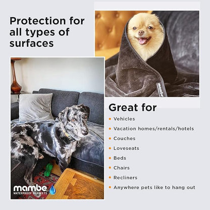 Mambe Non-Slip Pet Blanket Medium, Black - Soft and Silky Waterproof Throw - Machine Washable Fleece - for Protecting Furniture from Stains and Accidents - for Dog and Pet Fur